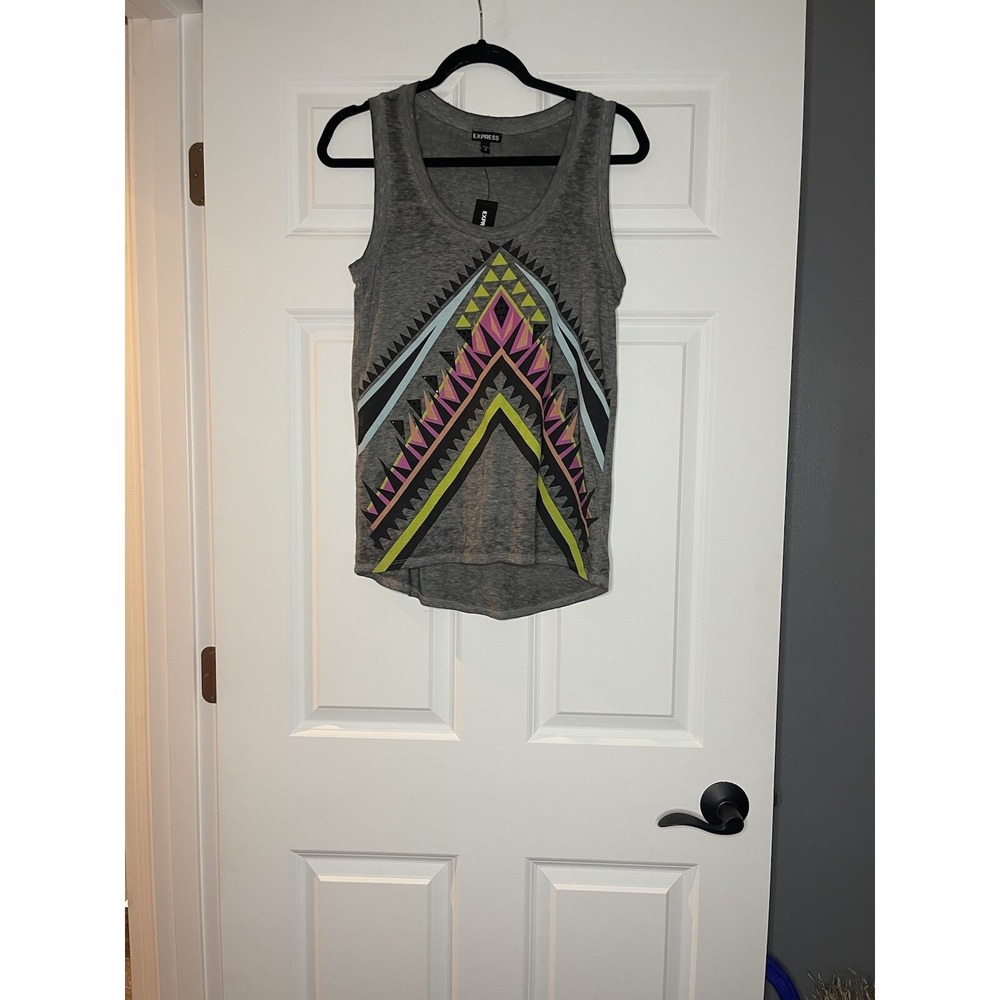 Express Gray Tank Top with Pink, Lime & Light Blue Geometric Print